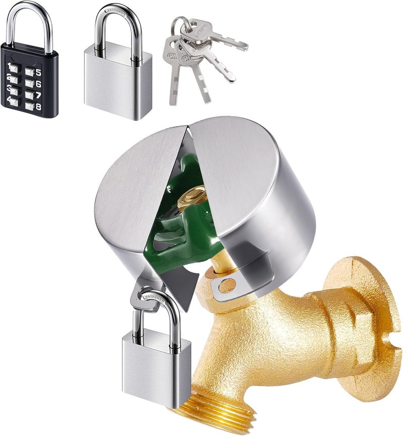 DOCEPERT Outdoor Faucet Spigot Lock,2 Locks Water Faucet Locks Outdoor with Metallic Stainless Steel Gate Valve Lock Protecting Water from Unauthorized Use and Vandalism for 1.3-2.5" Valves Hose Bibs (Silver) - Image 1